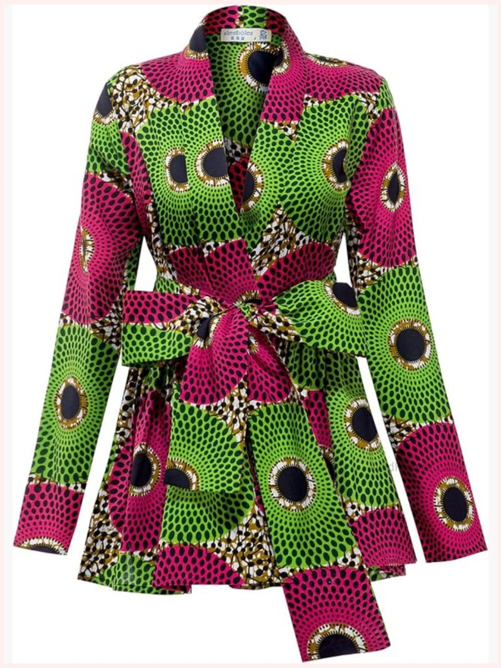 African Batik Print Long Sleeve Dashiki Shirt with Belt, 100% Cotton